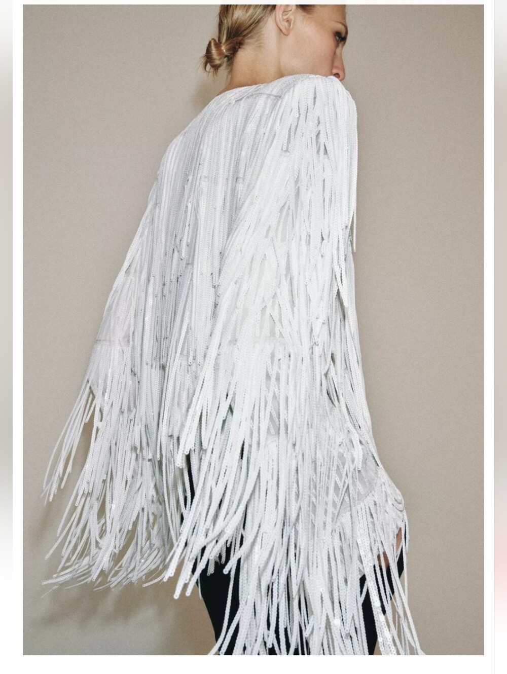 BNWT! Zara Zw Collection Sequin Fringe Jacket in Oysrer-White